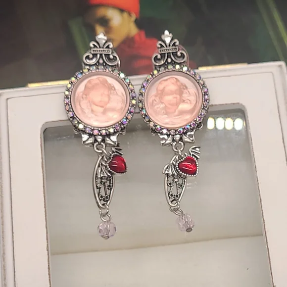 Vintage Signed Kirks Folly Whimsical Pink Cameo Crystal Ornate Silver Earrings